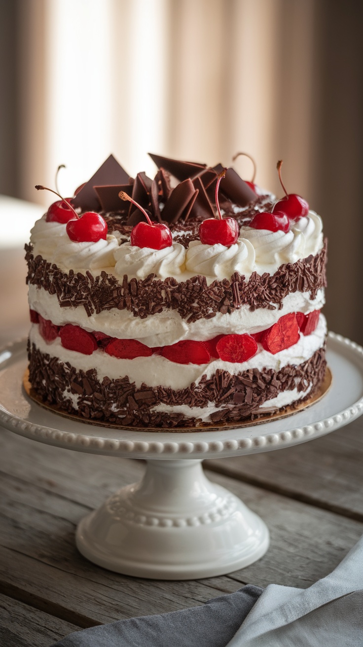 A decadent Black Forest cake with layers of chocolate cake, whipped cream, and cherries, garnished with chocolate shavings.